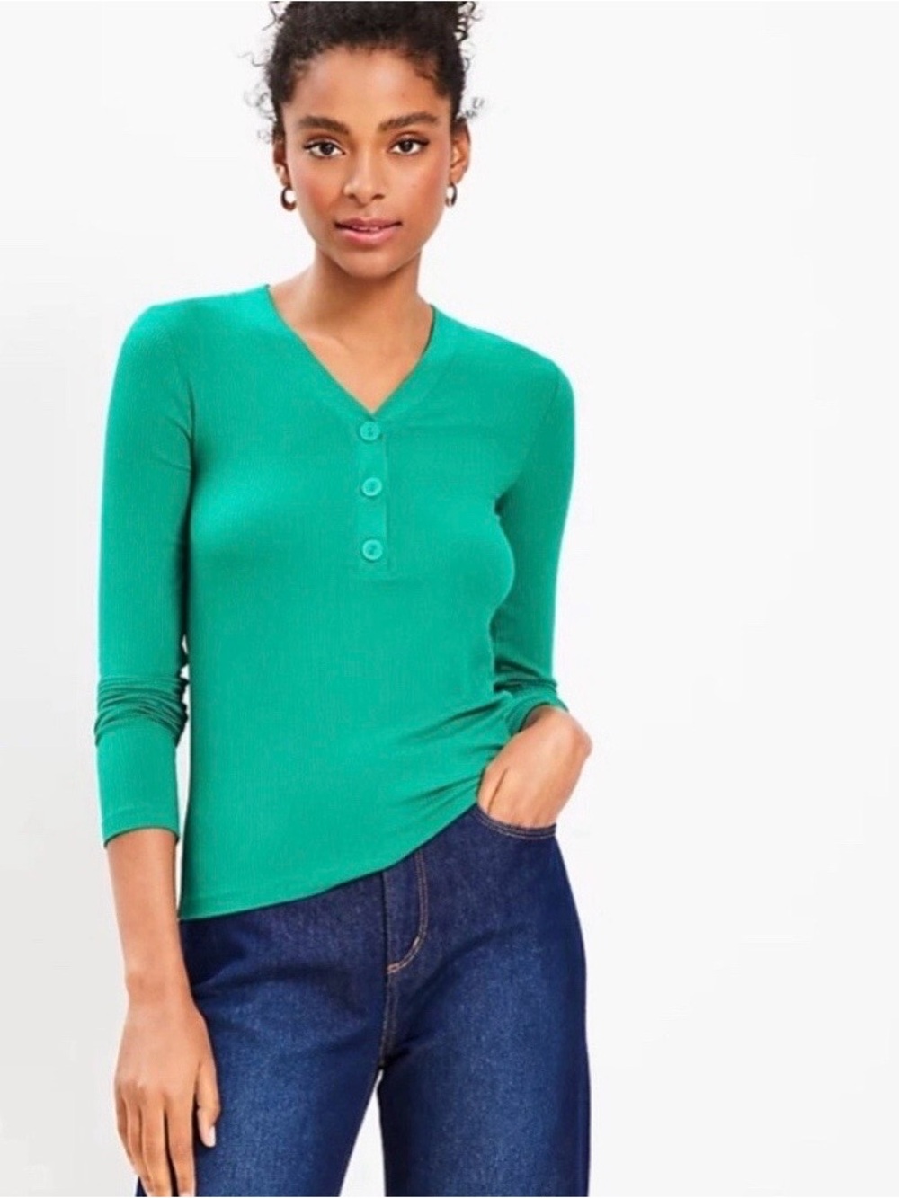 LOFT Green Ribbed Long-Sleeve Henley Top
